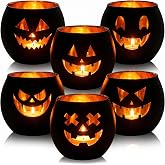 Halloween Tea Light Candle Holders Set of 6, Votive Candle Holders | Gold Interior Black Jack O Lantern Tealight Holders, Spooky Pumpkin Face Halloween Table Decor