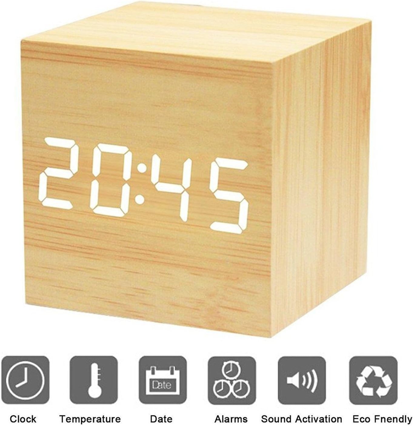 Xagoo Wooden LED Digital, Cube Alarm Clock, Time Temperature Date Display, Voice and Touch