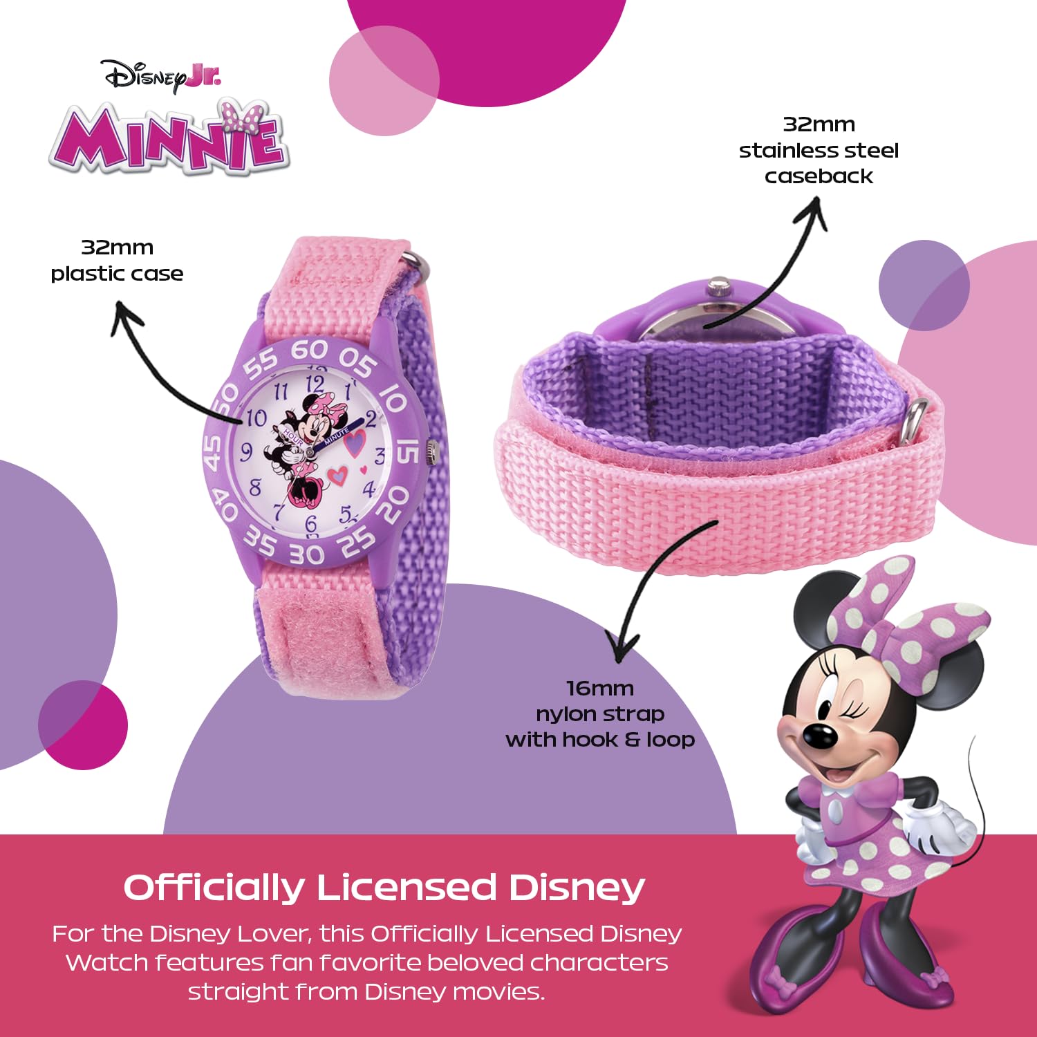 Disney Minnie Mouse Watch for Girls – Cute Minnie Mouse Watch for Toddlers & Girls – Gift Young Fans – Watches Kids 3-5 with Purple Bezel & Reversible Nylon Strap