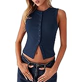 Women Ribbed Knit Button Down Tank Tops Y2K Sleeveless Open Front Crop Vest Slim Fit Going Out Tops Streetwear