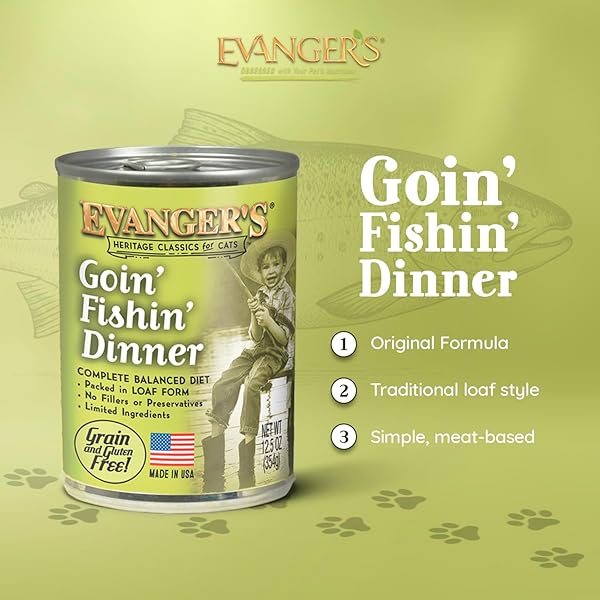 EVANGER’S HERITAGE CLASSICS GOIN’ FISHIN’ DINNER FOR CATS – 12 COUNT, 12.5 OZ EACH – OCEAN FISH & MEAT BLEND, GRAIN FREE, LIMITED INGREDIENTS, TRADITIONAL LOAF STYLE