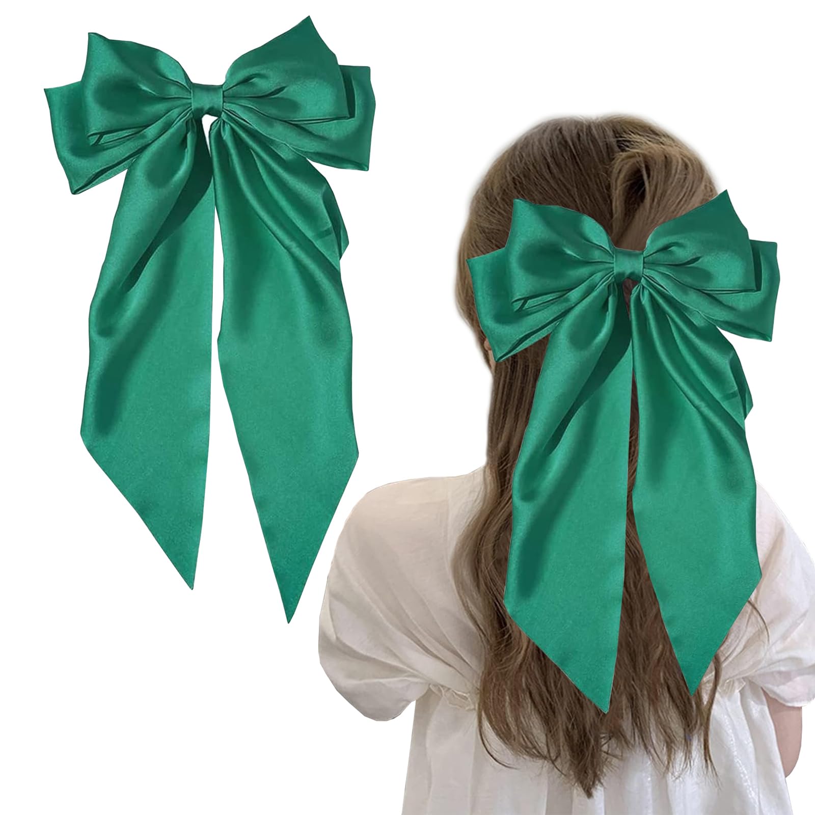 Big Hair Bows for Women - Solid Color Bow Hair Clips with Long Ribbon, French Barrette Clip Soft Satin Silky Bows - Cute Gifts for Women & Girls (Green)