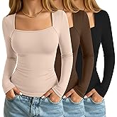 Velvelhall 3 Pack Women's Square Neck Long Sleeve Tops, Double Lined Slim Fit Shirts Basic Trendy Going Out T Shirts