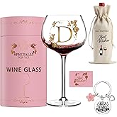 GALOFAY Wine Glasses Gifts for Women Alphabet A-Z, Cool Personalized Gold Monogrammed 'D' Red Wine Glass Set, Pink Gift Package with Goblet, Wine Bag, Key Chain, and Card for Woman
