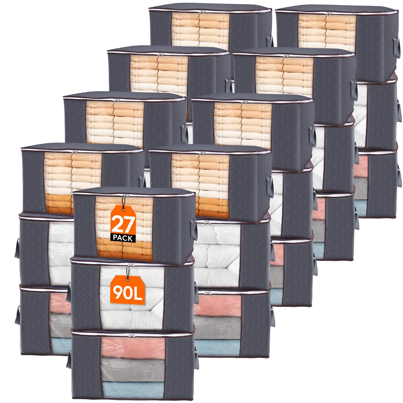 Lifewit 27 Pack 90L Clothes Storage Bins with Lids, Foldable Blanket Storage Bags with Zippers, Clear Window and Reinforced Handles, Closet and Organization for Clothing, Sweater, Comforter, Bedding Image