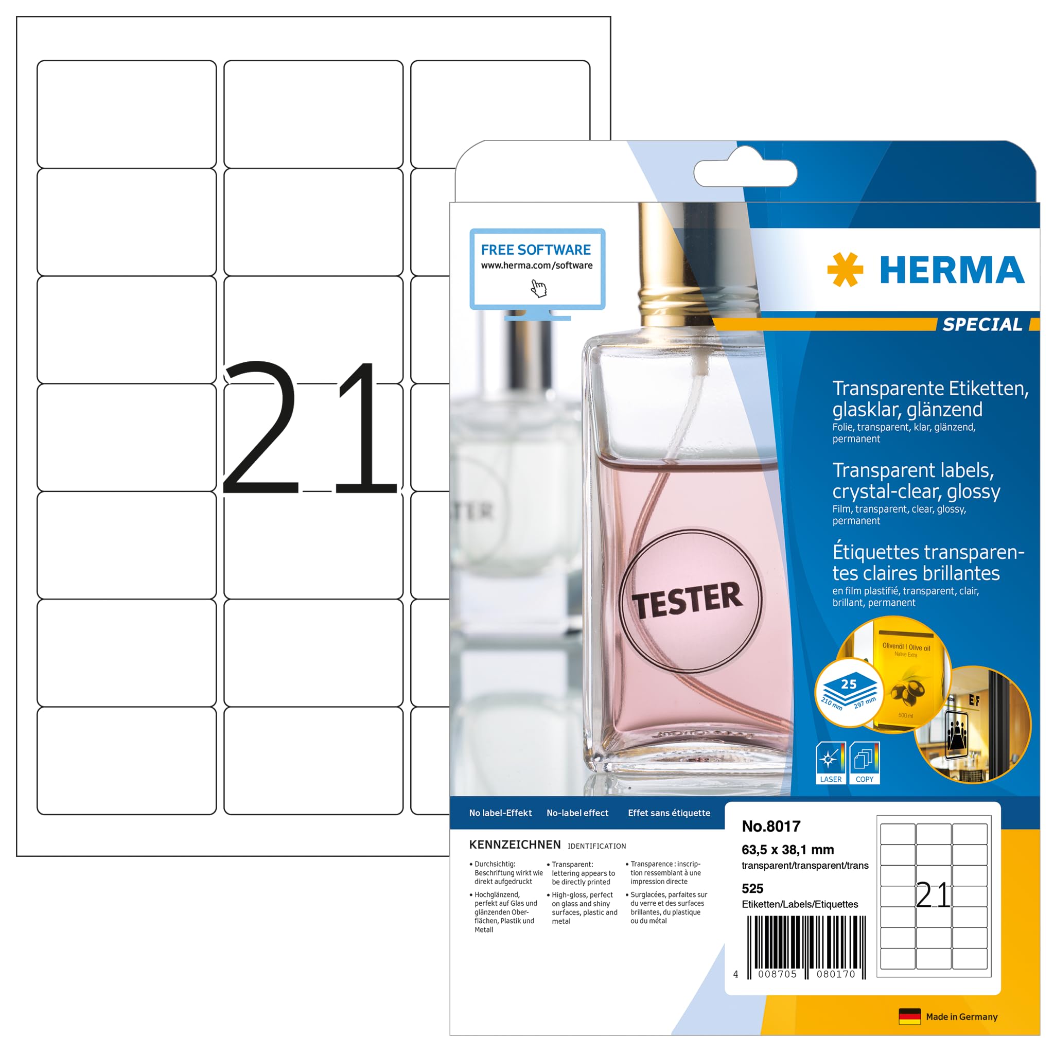 HERMA Labels transparent crystal-clear A4 63.5x38.1 mm transparent clear film glossy 525 pcs.