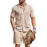 COOFANDY Men's 2 Piece Outfit Vintage Short Sleeve Button Down Knit Polo Shirts Casual Beach Shorts Sets