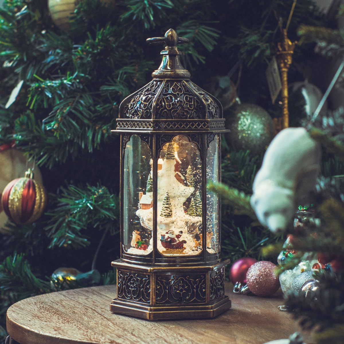 Snow Globes - Christmas Village Buildings Snow Globe Lantern Water Glittering Snowman Family with Music & Timer, USB Lined/Battery Operated Lighted Lantern for Christmas Festival Decoration Gifts