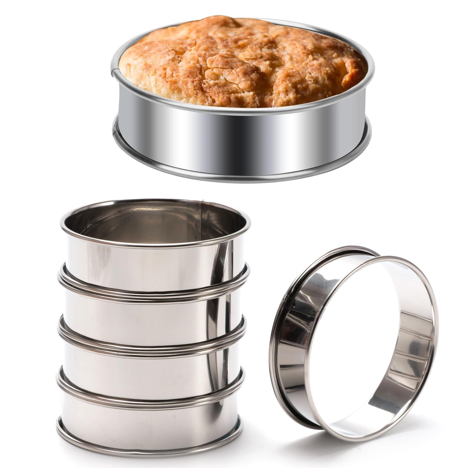 BERRYLION 6 Pcs Crumpet Rings, Double Rolled Tart Rings Stainless Steel English Muffin Rings, Non Stick Cooking Rings Baking Rings for Cooking Crumpets Eggs Pastry Mousse Desserts