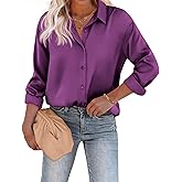 Chigant Women's Blouse Satin Silk Shirts Button Down Shirts Casual Loose Long Sleeve Office Work Tunic Tops