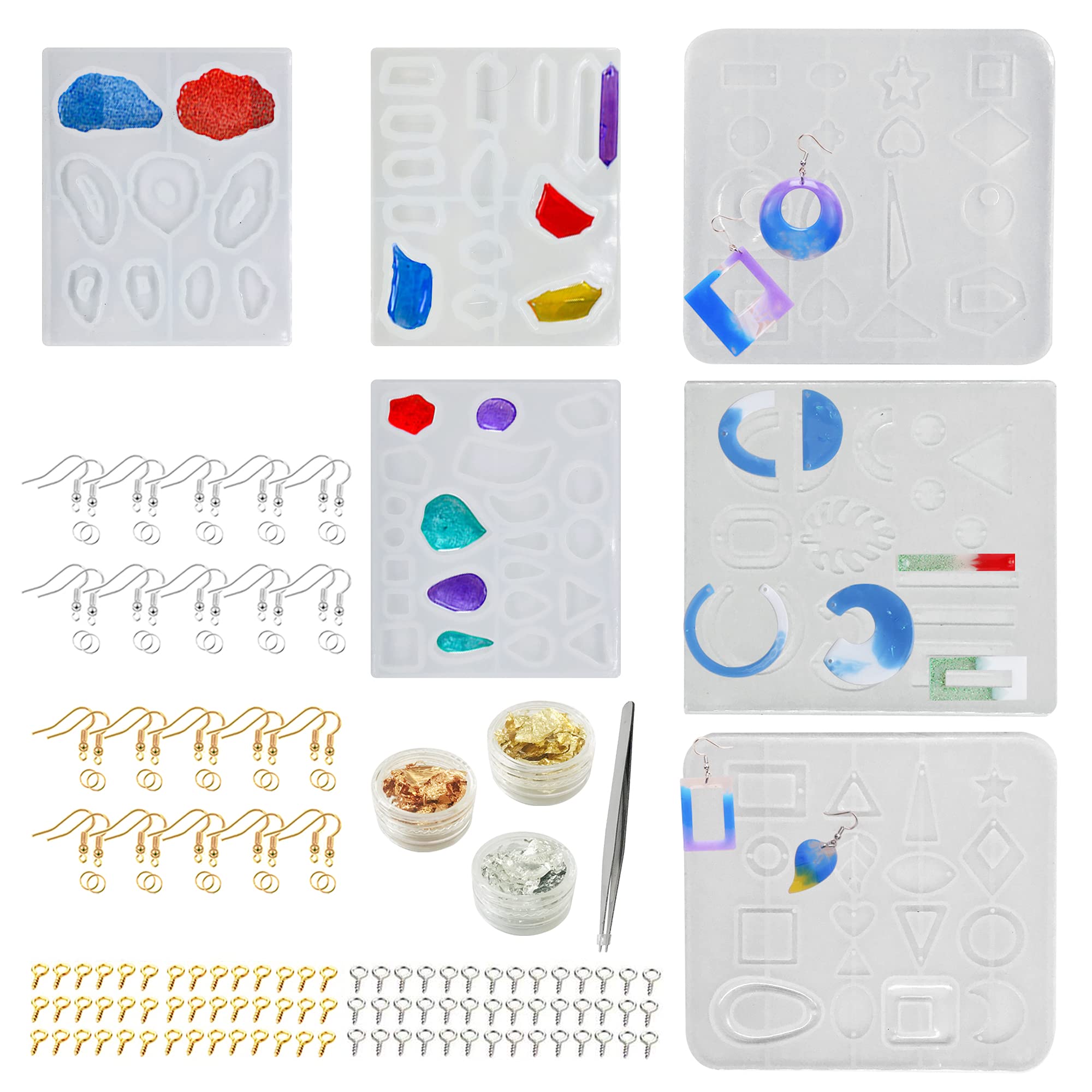 Cayway 12 Pack Earring Resin Moulds Jewelry Epoxy Resin Silicone Moulds, Eye Screws, Ear Hooks and Jump Rings, Gold Foil Flakes for Resin Jewelry, Pendant, Resin Crafts DIY