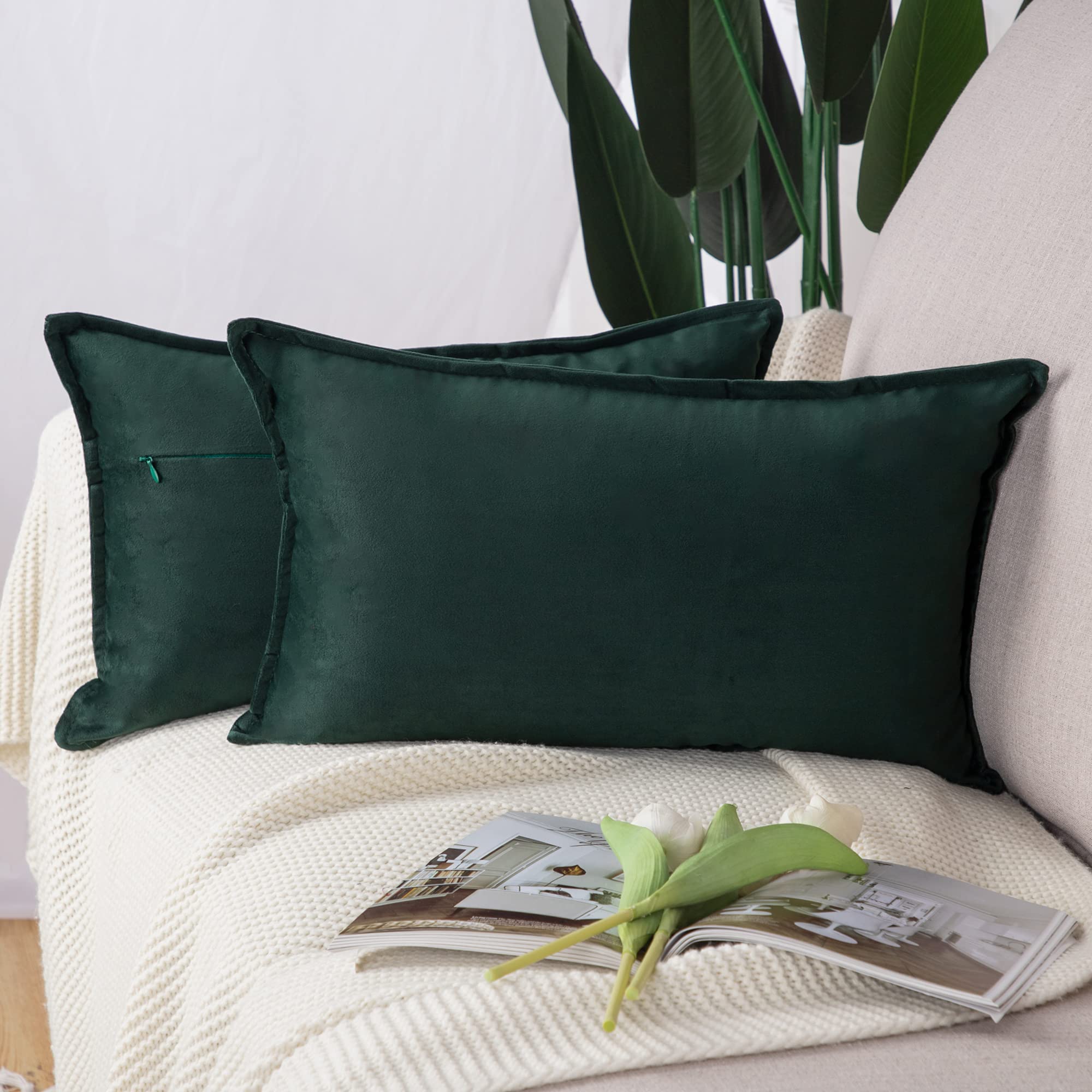 Madizz Pack of 2 Super Soft Velvet Decorative Cushion Covers with Fringe Luxury Style Cushion Case Pillow Shell for Sofa Bedroom Army Green 12x20 inch, 30x50 cm Rectangular