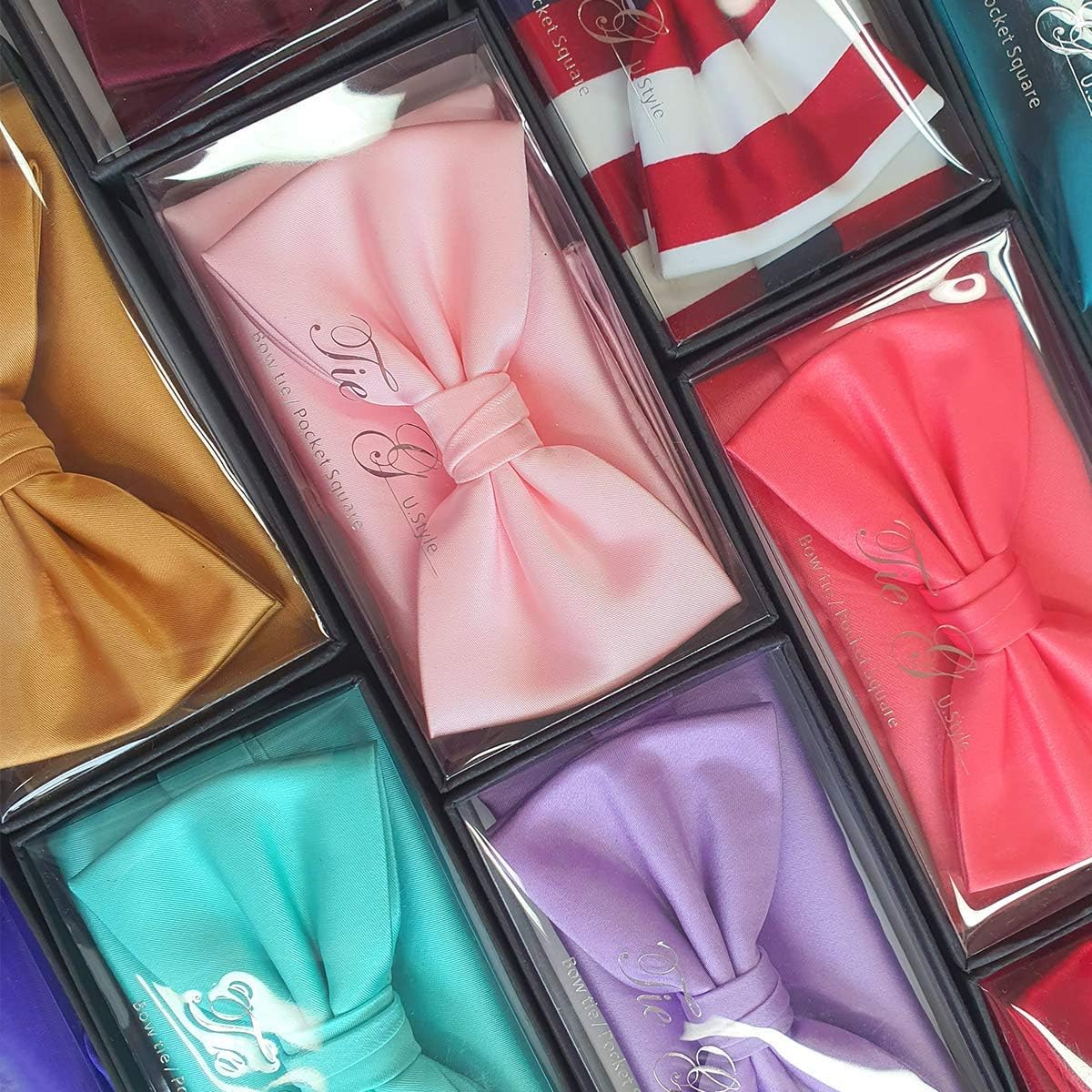 TIE G Solid Color Pre-tied Bow Tie and Pocket Square Sets in Gift Box (Blush): Clothing