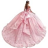 DXUOPL Glitter Tulle Quinceanera Dresses 3D Flowers Ball Gown Lace Appliques Sweet 16 Dresses Off Shoulder 15 Dress with Bow