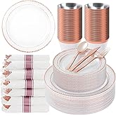 Bestluck 350PCS Clear Plastic Plates with Rose Gold Trim for 50 Guests, Disposable Dinnerware Set for Party, Wedding, Include 100 Plastic Plates, 50 Pre Rolled Napkins with Silverware, 50 Cups