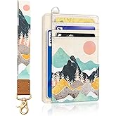Yonlevres Sunrise Mountain Credit Card Holder Slim Wallet, RFID Wallet Women Front Pocket Wristlet Lanyard, Small Card Holder Travel Funny Cute Thin Card Case ID Window PU Leather Card Organizer Gifts