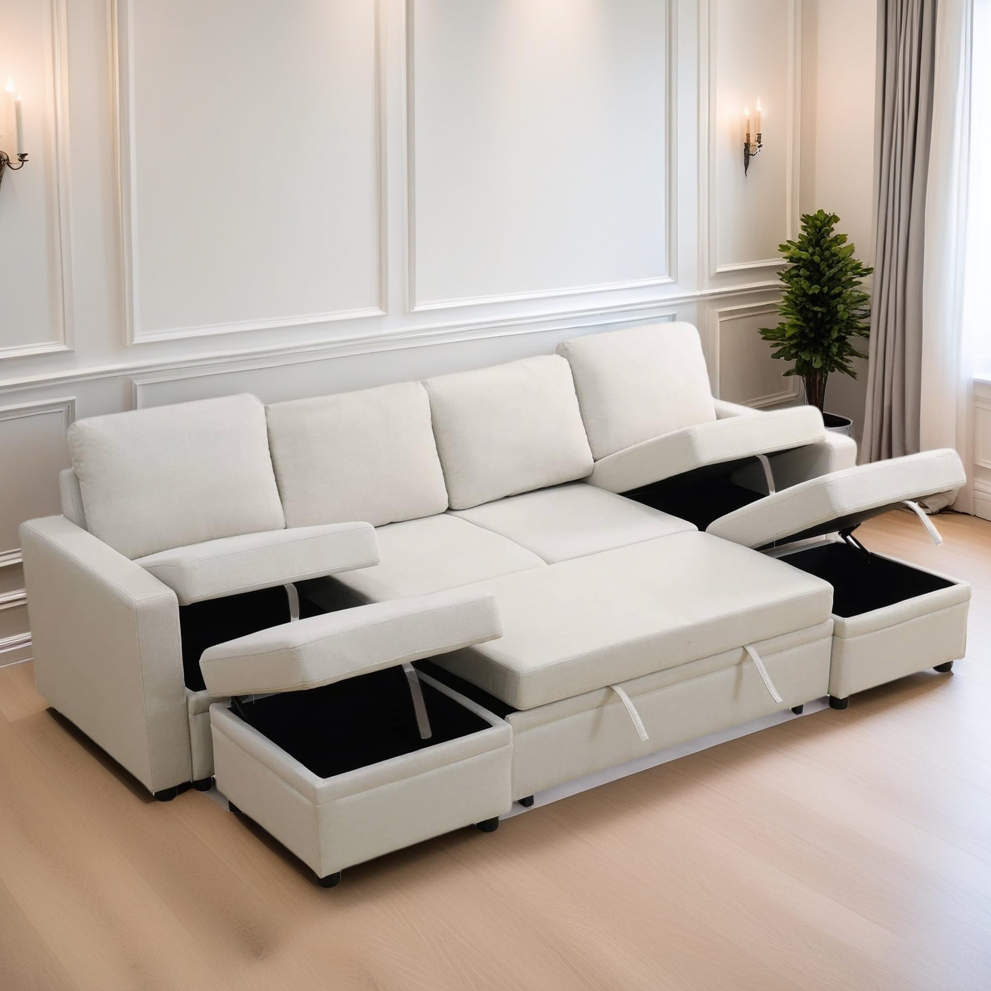 Photo 1 of **PARTIAL SET BOX 1 OF 3/ ARM PIECES*** FONTOI Sectional Couch with Storage Seats, Convertible Sleeper Sofa Bed with Pull Out Bed, 6-Seat Large Modular U Shaped Couch Set with Ottoman for Living Room, Beige ZA