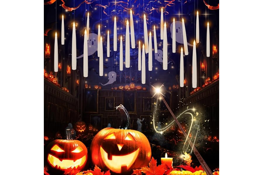 Enpornk 36 Pcs Halloween LED Magic Hanging Floating Candles, Taper Flickering Flameless with 2 Magic Wands - Candle Set for Halloween, Christmas, Weddings, Birthdays & Fantasy Ambiance