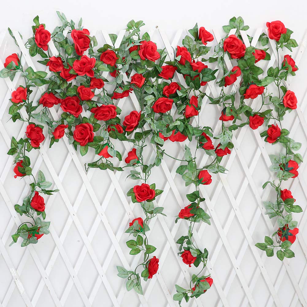 JUSTOYOU 2 Pack 7.2ft Artificial Fake Rose Garland Vines Hanging Silk Flowers for Outdoor Indoor Wedding Wall Badroom Decoration (Red)
