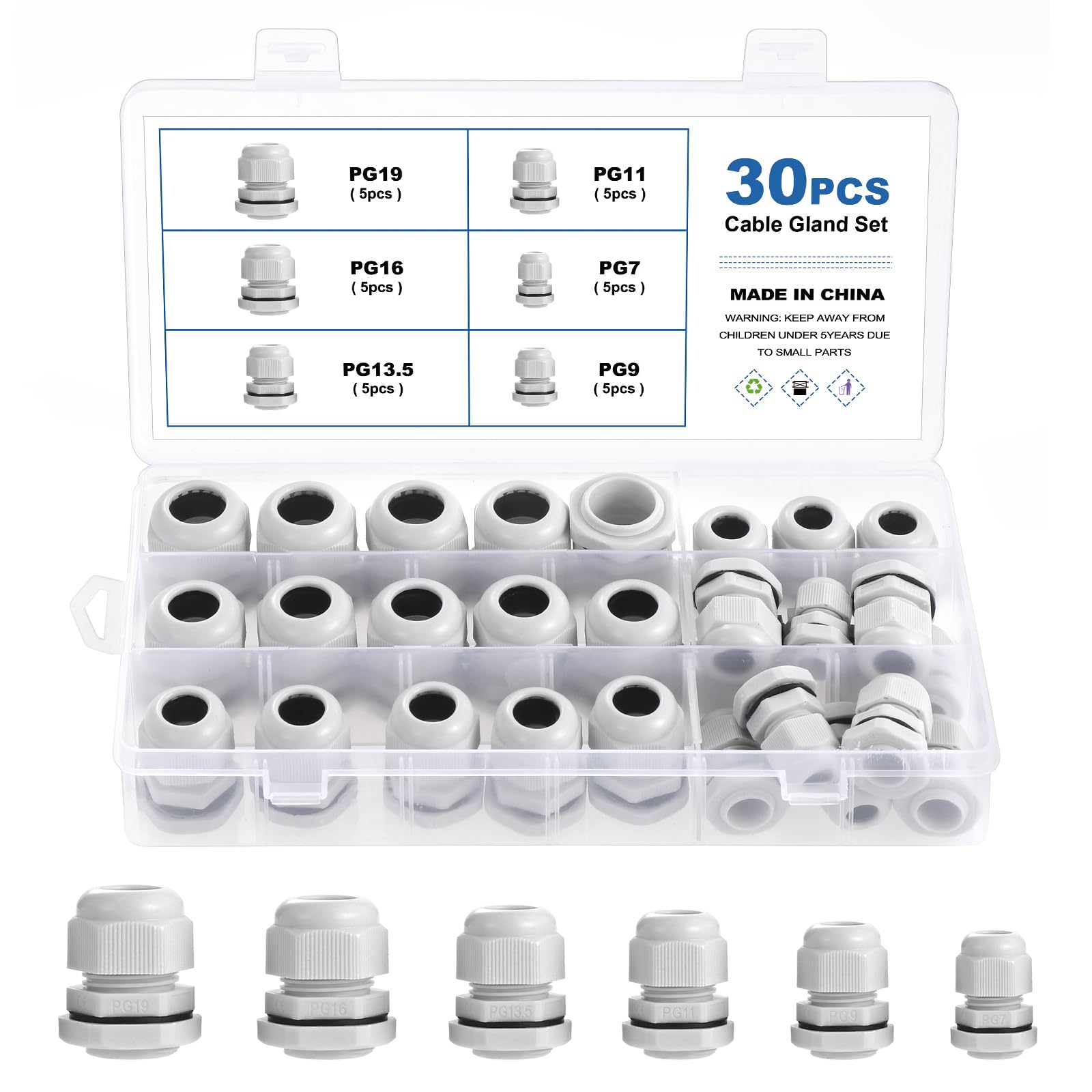 eROOSY 30 Pcs Cable Glands Waterproof PG7 PG9 PG11 PG13.5 PG16 PG19 Adjustable Cable Glands, Nylon Cable Glands for Cables with a Diameter of 3-15mm, Waterproof Nylon Cable Glands, White