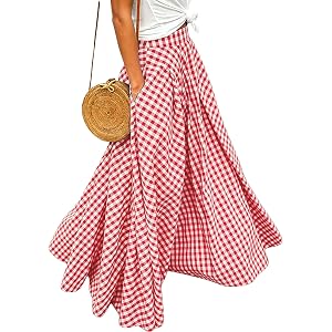HOUZONIY Womens Plaid Gingham Maxi Skirt Elastic Waist Pleated Flared A Line Swing Summer Pull On Long Skirts with Pockets