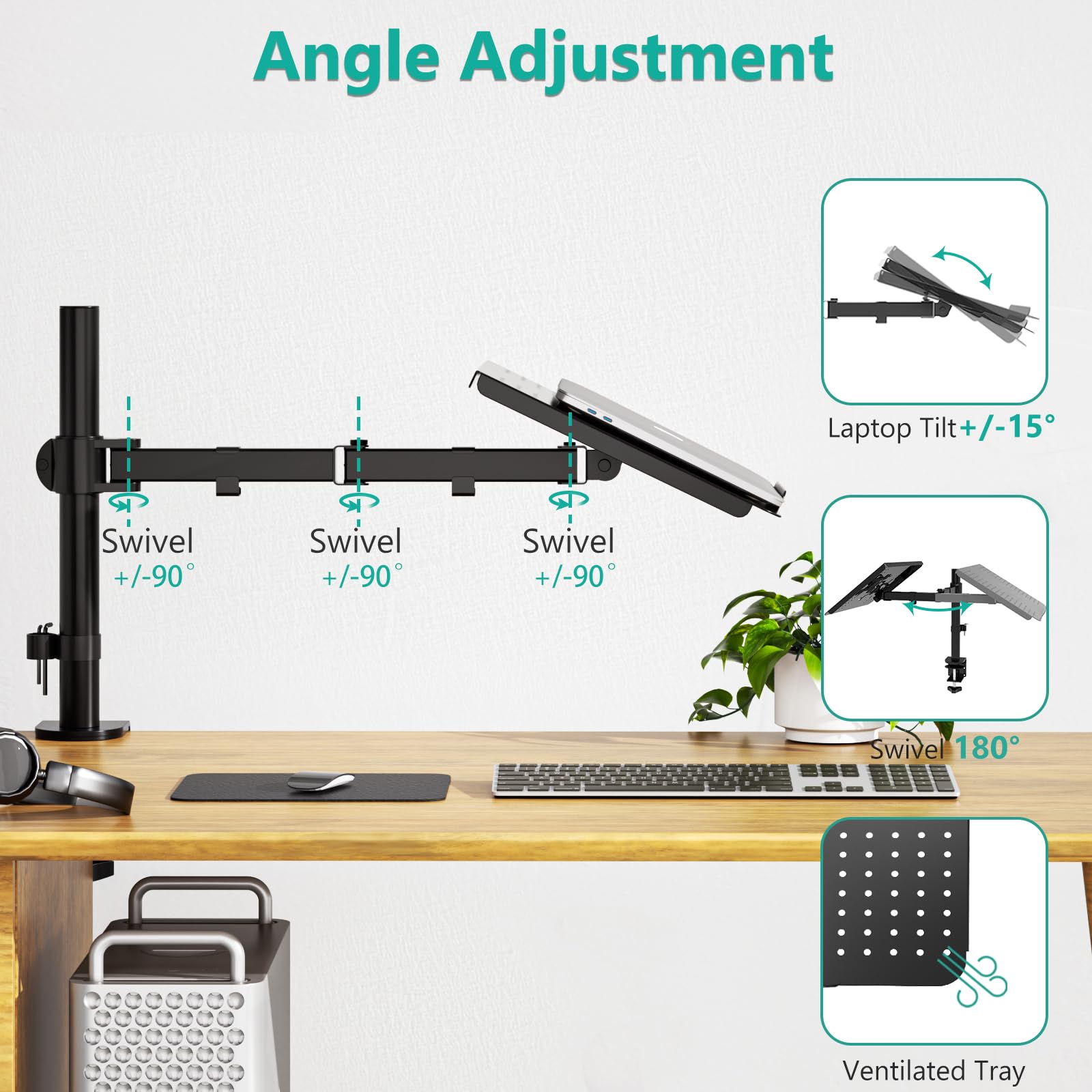 WALI Laptop Tray Desk Mount for 1 Laptop Notebook up to 17 inch, Fully Adjustable, 22 lbs Capacity with Vented Cooling Platform Stand (M00LP) - Image 5