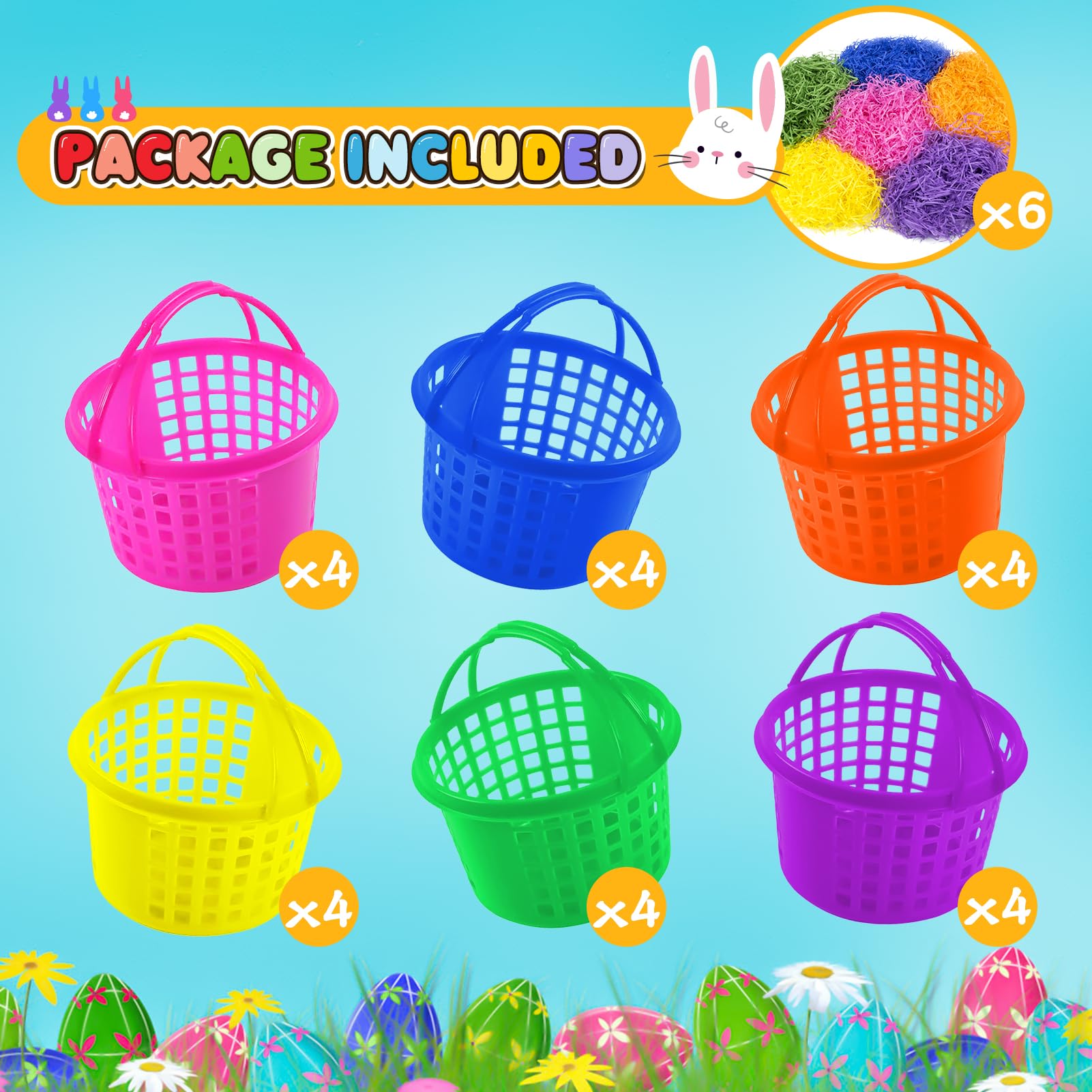 Evoio Easter Baskets in Bulk for Kids 24 PCS Plastic Easter Basket Bucket for Eggs Hunts Game, Classroom Eggs Collecting Baskets with 6 Color Raffia Paper Grass Filler Basket for Kids Egg Hunts Party
