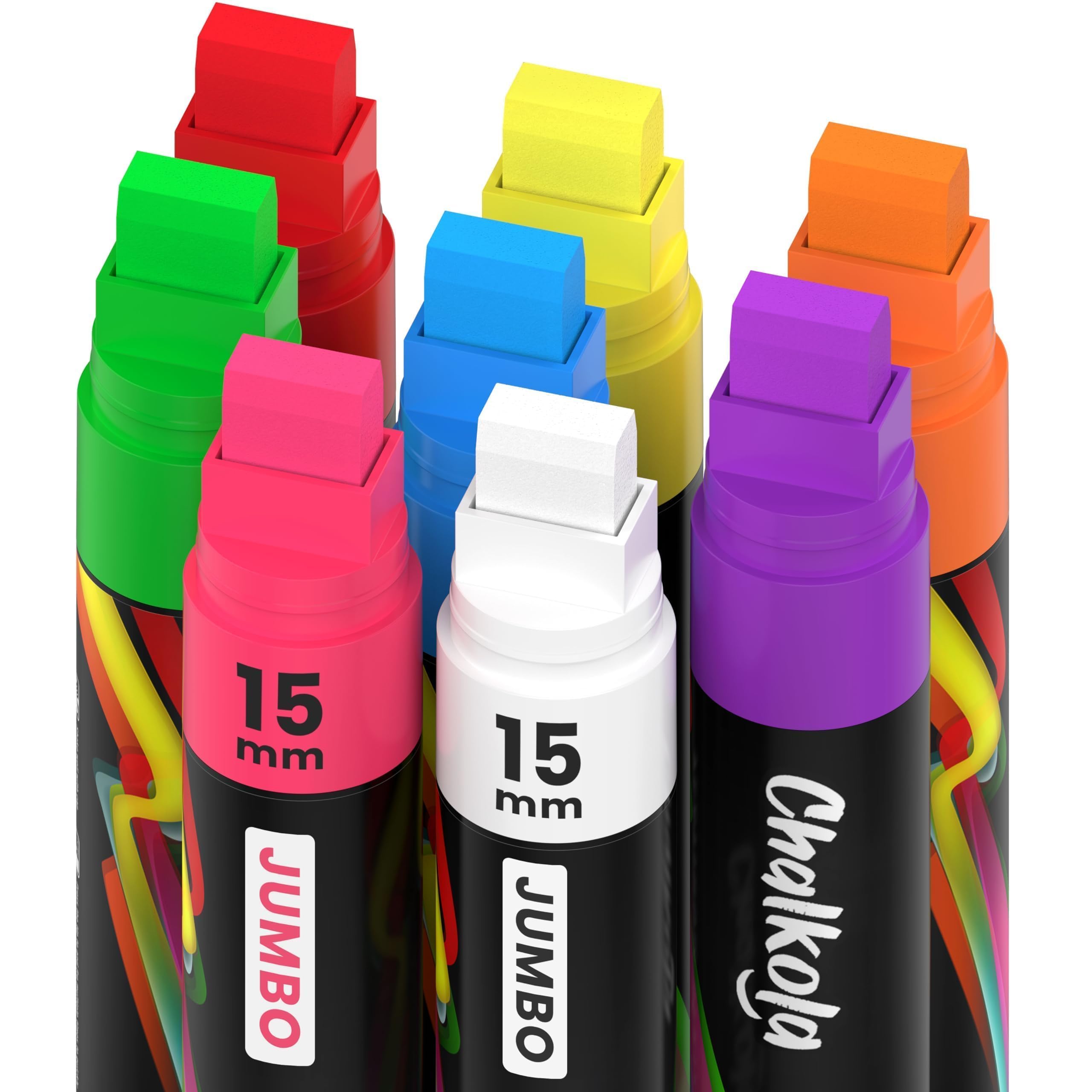 Window Pens - 15mm Jumbo - 3 in 1 Nib with 28g Ink - Pack of 8 neon Chalk Markers - Loved by Teachers, Kids, Artists, Businesses - Use on Chalkboard, Blackboard, Glass, Cars