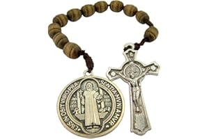 Religious Gifts Brown Wood Prayer Bead Pocket Rosary with Saint Benedict Medal and Crucifix, 9 Inch