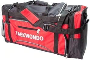 Large Taekwondo Martial Arts Equipment Bag with Chest Guard Retainer Black Red Colour for Kids and Adults, Adjustable Strap, 
