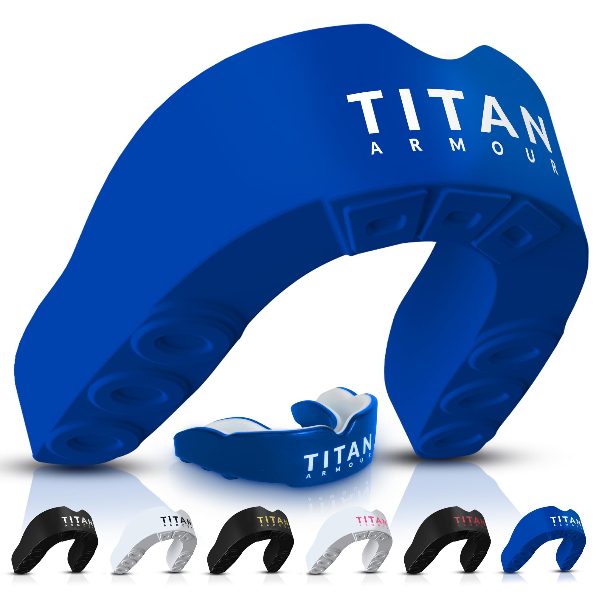 Titan Armour® Gum Shield | Dual-Layer | Adults & Junior Custom-Fit Mouth Guard | Case Inc | Boil & Bite Mouthguard Boxing, Rugby, MMA, Hockey & All Contact Sports | UK Brand (Adult Age 11+, Blue)