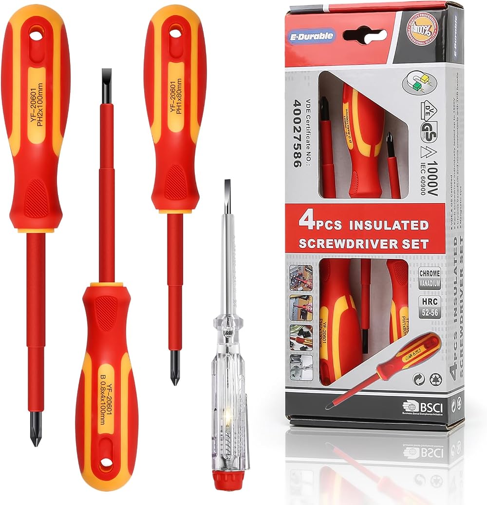 EDurable 4pcs VDE Screwdriver Set Magnetic Insulated 1000V Chrome Vanadium