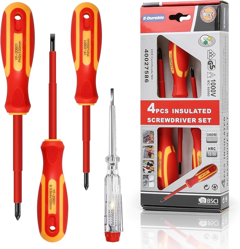 EDurable 4pcs VDE Screwdriver Set Magnetic Insulated 1000V Chrome Vanadium
