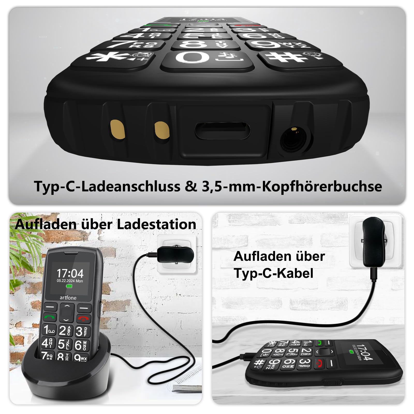 artfone C1+4G Big Button Mobile Phone for Elderly?USB-C, Charging Dock?1800mAh Battery?Easy to Use Basic Elderly Phone?SIM Free Unlocked Senior Mobile Phone?SOS Button?FM Radio?Time Reporting - Black