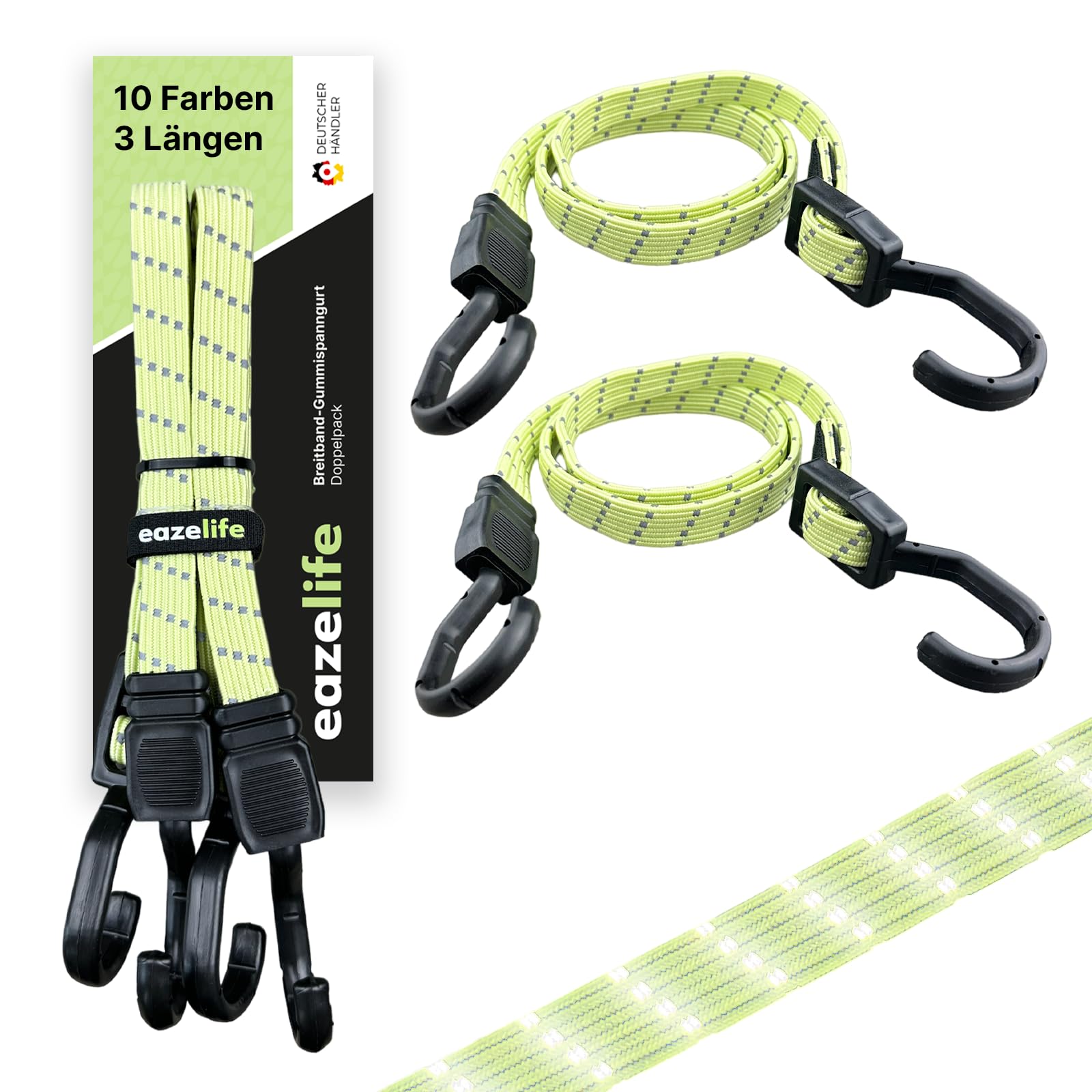 Set of 2 Rubber Tension Straps, Adjustable, Wide Band Expander with Metal Hooks, Strong Resilient for Car, Bicycle and Outdoor Activities (10 Colours, 3 Lengths) (Firefly, 80 cm) — image 1