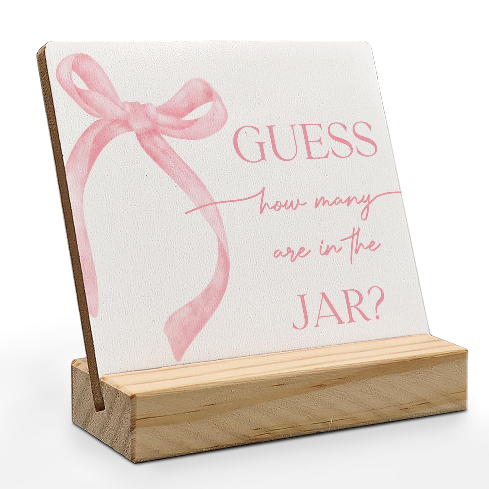 Photo 1 of *** CHECK COMMENTS*** ANIANG Guess How Many Baby Shower Game Sign, Baby Shower Guessing Game Wood Plaque, Pink Bow Weddingshower Games, Guess How Many Wooden Plaque with Wood Stand for Bridal Shower Decorations, 4X4 Inch