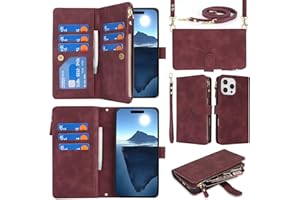Jaorty Fit for iPhone 16 Pro Max 5G Phone Case Wallet for Women with Strap,Crossbody Shoulder Lanyard Wallet Case for iPhone 16 Pro Max with Card Holder,Zipper Pocket PU Leather Case,6.9" Burgundy