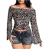 Floerns Women's Plus Size Leopard Print Off Shoulder Tee Shirt Flare Long Sleeve Crop Tee Tops