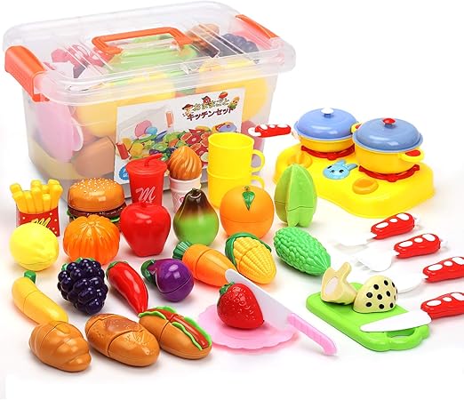 Amazon ままごと ごっこ遊び ままごとセット 42個 調理ごっこ おもちゃ 切れる 食べ物 二人遊びセット 保育所 児童館用品 知育玩具 プレゼント 入園お祝い 子供 サクッと切る 切る遊び 食べ物 野菜 果物 包丁 まな板 目玉焼き 42個セット 収納ボックス付 セット