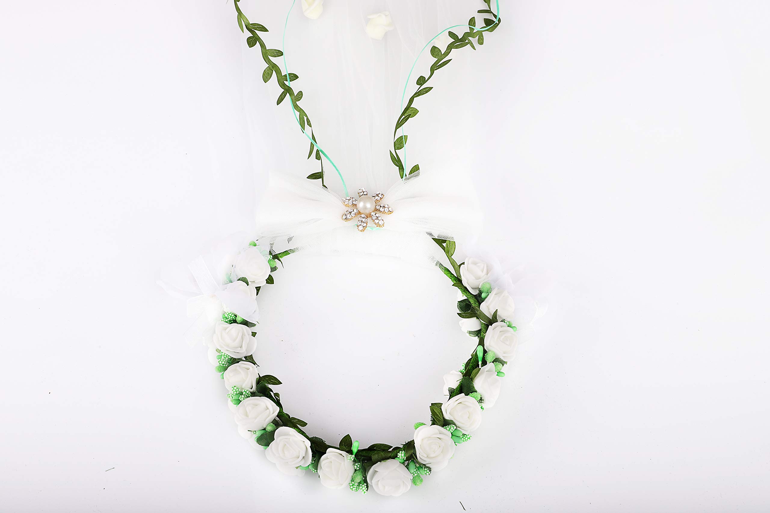 Flower Crown White Girls Headpiece,Women\'s Flower Festival Wedding - Headband Flower Crown Hair Wreath Halo With Adjustable Ribbon