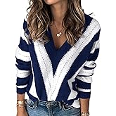 PRETTYGARDEN Sweaters for Women 2026 Long Sleeve Striped Knitted V Neck Pullover Jumper Tops Fall Outfits Fashion Clothing