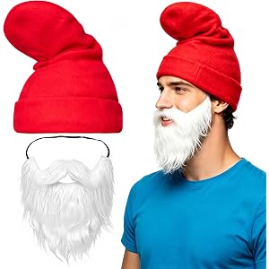 Oukitoymer Red Elf Hat and Beard Costume, Soft Warm Elastic Papa Elf Dwarf Beanie Hat for Halloween Costume Cartoon Cosplay