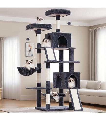 Taoqimiao 66-Inch Cat Tree Tower With Hammock & Bowls – Multi-Level Condo, 12 Scratching Posts, 2 Caves, 2 Perches – Stable Design For Indoor Cats - View #4