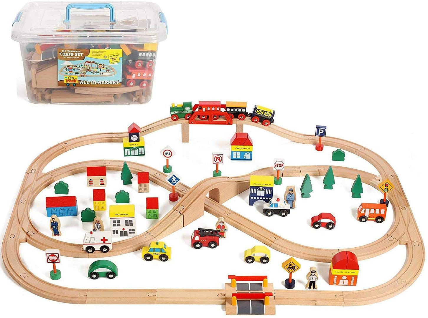 On Track USA Wooden Train Set 100 Piece All in One Wooden Toy Train Tracks Set with Magnetic Trains and Railway Accessories, Comes in A Clear Container, Compatible with All Major Brands Image