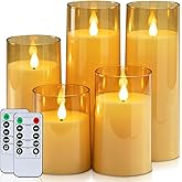 Homemory Amber Flickering Flameless Candles, Battery Operated Acrylic LED Pillar Candles with Remote Control and Timer, Fall Candles, Set of 5