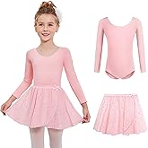 Zaclotre Girls Ballet Leotards 2Pcs Long Sleeve Shiny Squins Dance Dresses Toddler Ballerina Outfit for 3-11Y