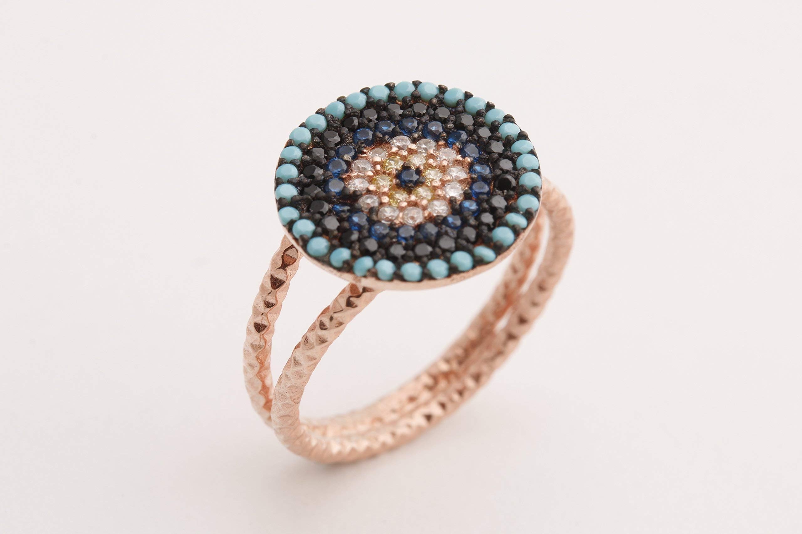 HandmadeEvil Eye Protection Design Turkish Nazar Handmade Good Luck 925 Sterling Silver Round Cut Turquoise Sapphire Citrine White Topaz Rose Gold Ring All Size