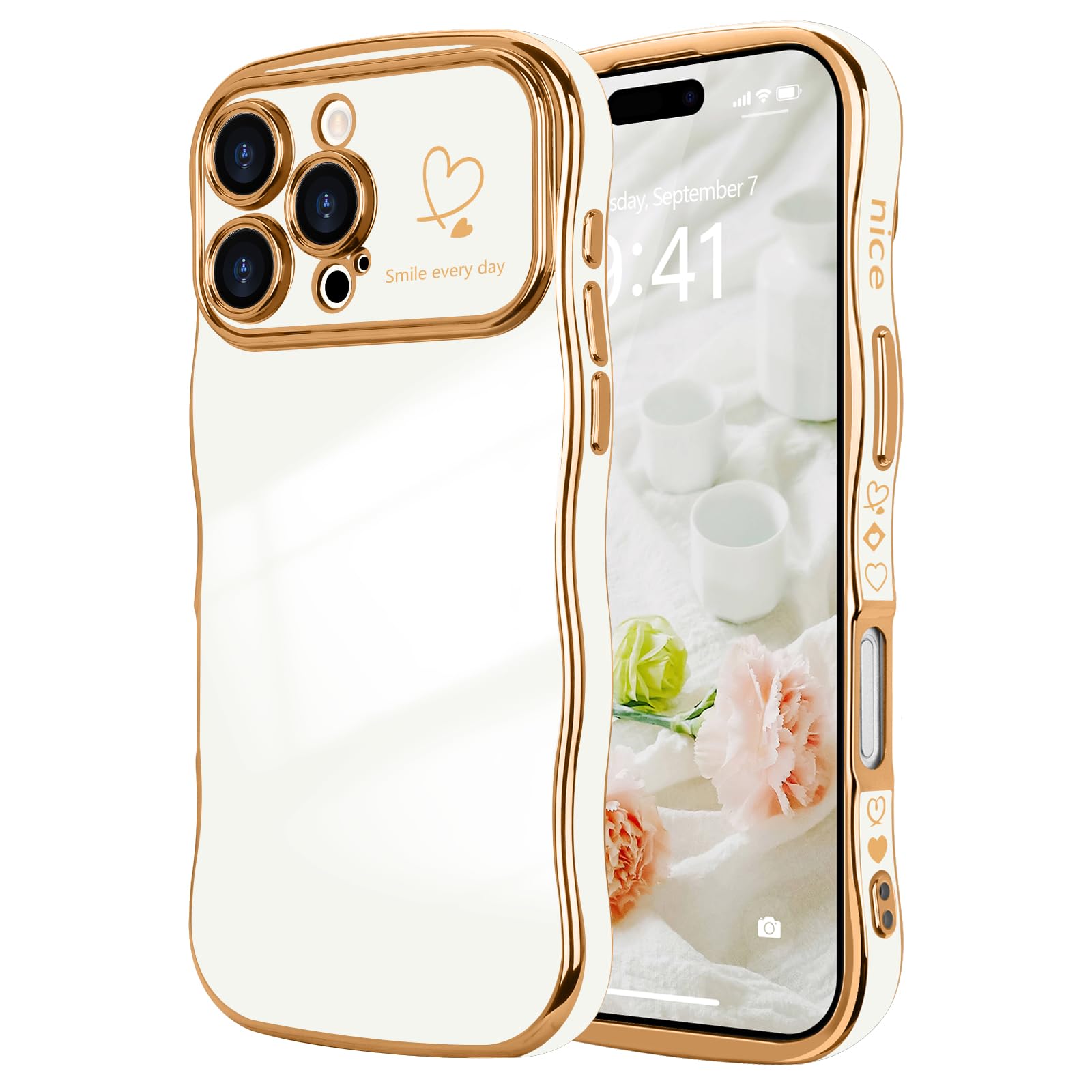 LCHULLE for iPhone 16 Pro Case for Women Girls,Cute Curly Wave Frame Shape Love Heart Pattern Phone Case,Raised Camera Protection Plating Shockproof Cover for iPhone 16 Pro 6.3",White
