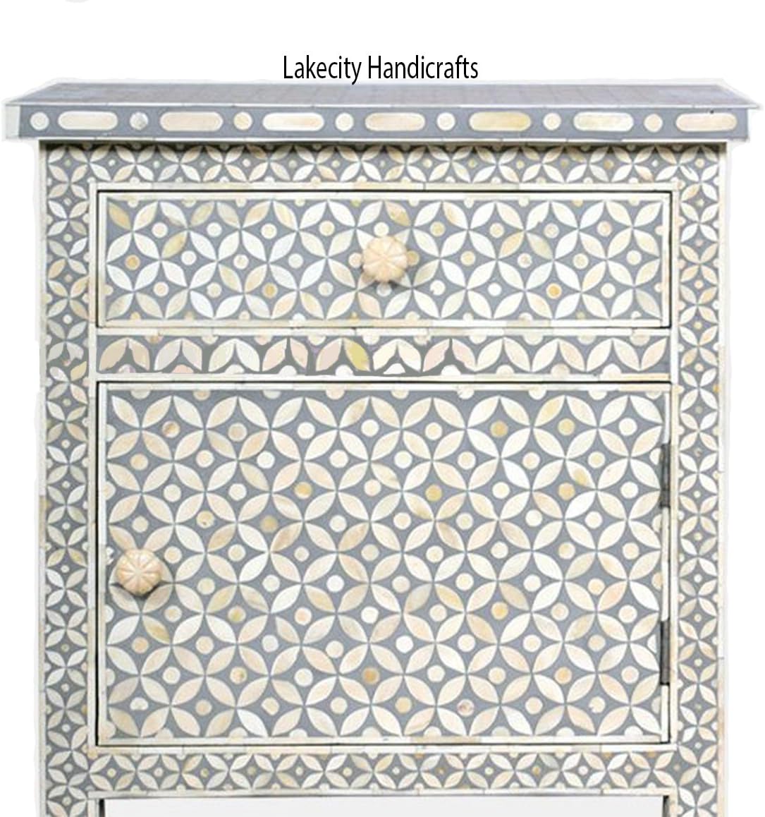 Bone Inlay Dove Gray Bedside Table Geometric Design