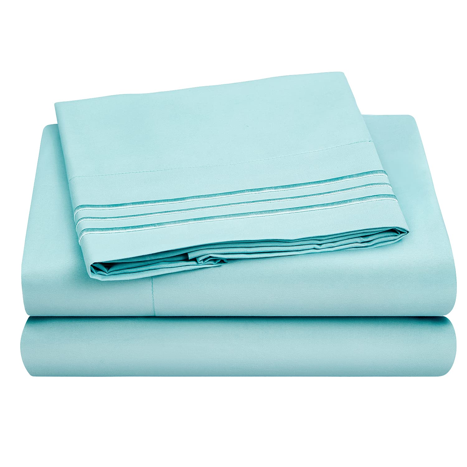 HOMEIDEAS 3 Piece 3-Line Embossed Bed Sheets Set Extra Soft Brushed Microfiber 1800 Bedding Sheets Deep Pocket, Wrinkle & Fade Free (Single, Spa Blue)